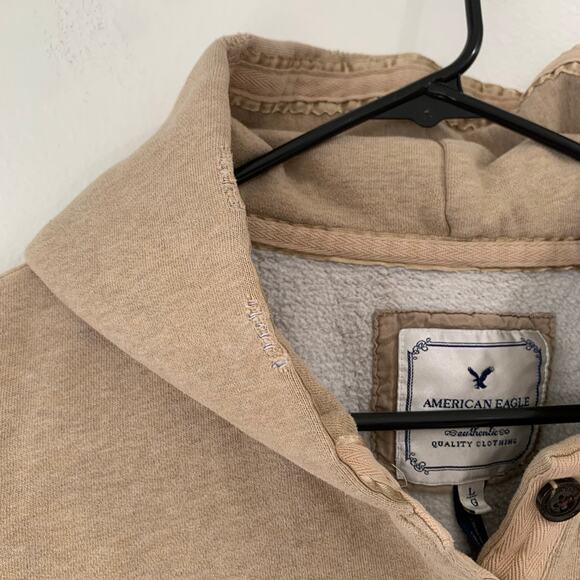 VTG Y2K American Eagle Womens Large Graphic Hoodie Pullover Tan Raw Edges Henley - Picture 10 of 15